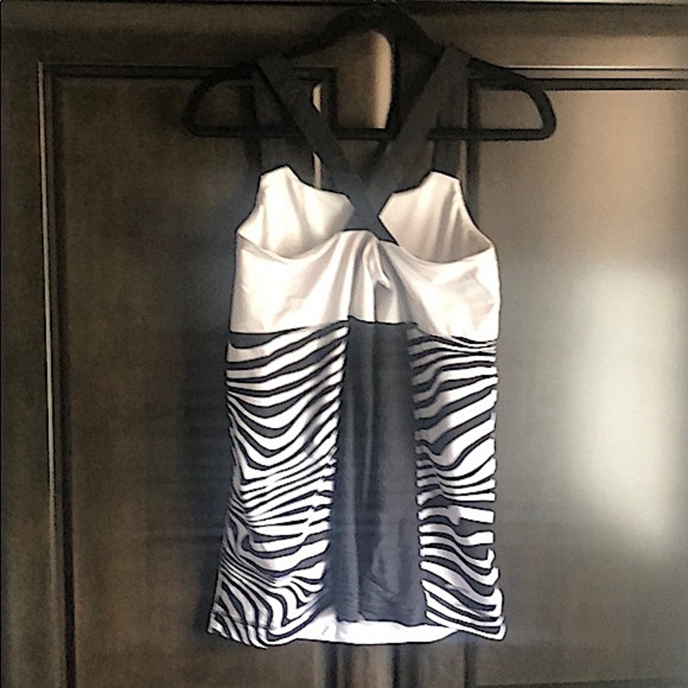 Adidas workout tank with side mesh, zebra print, and shelf bra.
